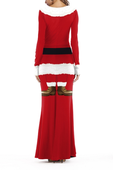 Christmas Santa Claus Cosplay Costume Round Neck Long Sleeve Red Maxi Dress