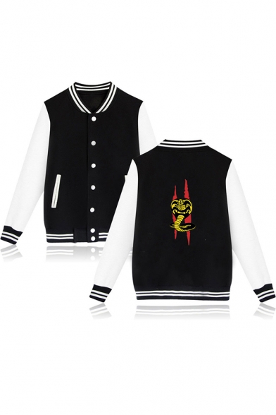 

Cobra Snake Printed Rib Stand Collar Long Sleeve Color Block Button Down Baseball Jacket, Black;pink;gray;navy, LM553245