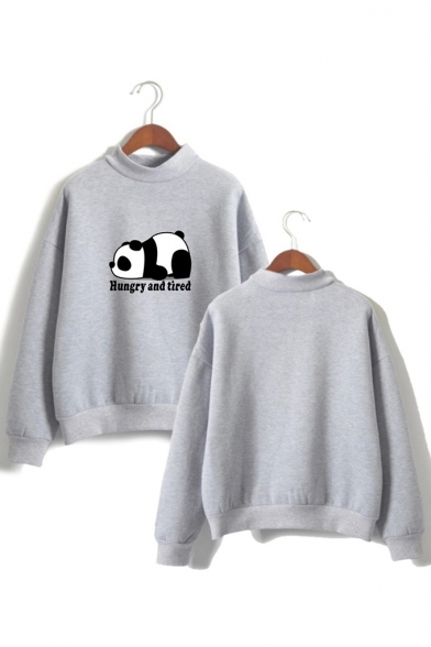 Cute Cartoon Panda Hungry And Tired Letter Printed Mock Neck Long Sleeve Pullover Sweatshirt