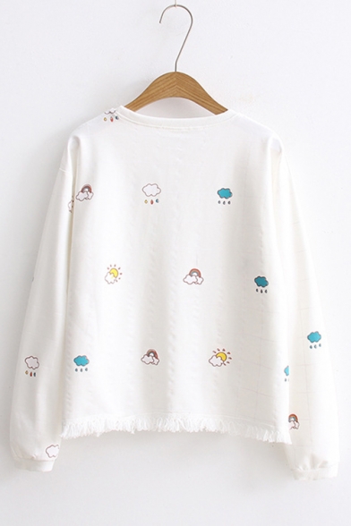 Cute Clouds Check Print Round Neck Long Sleeve Tassel Embellished Hem Pullover Sweatshirt