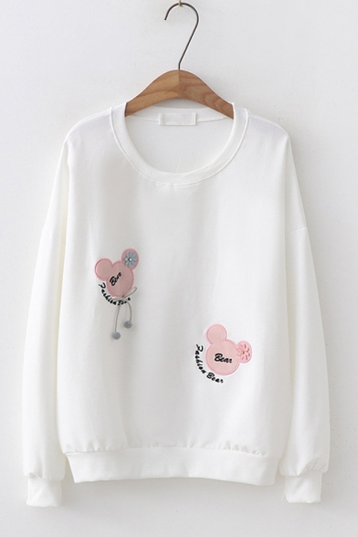 Cute Letter Mickey Mouse Embroidered Round Neck Long Sleeve Pullover Sweatshirt