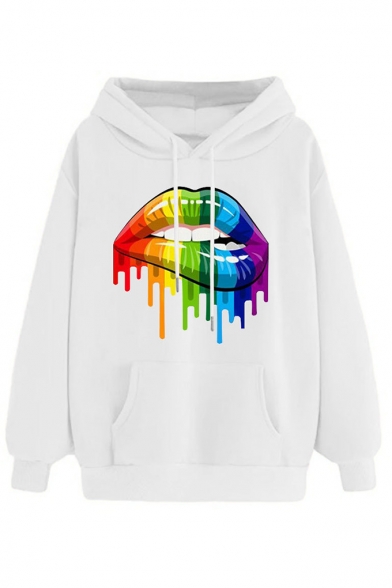 Fashion Colorful Lip Printed Long Sleeve Hoodie With Pocket