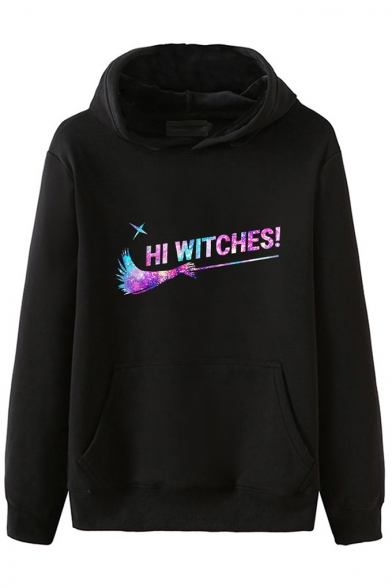 Fashion Halloween Cartoon HI WITCHES Letter Printed Black Loose Fit Hoodie