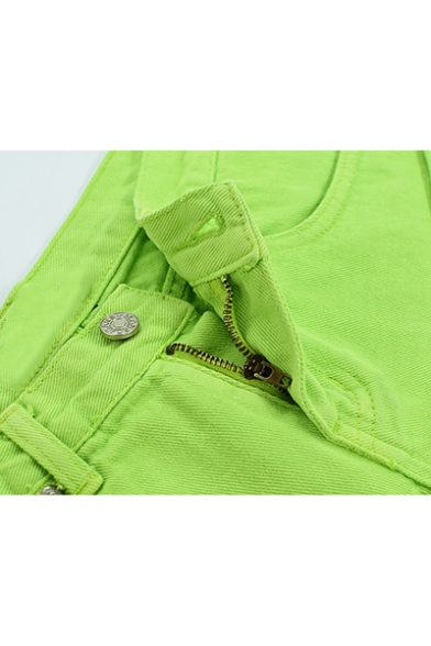 Fashion Womens Green Rolled Cuff Fringe Hem Multi Pocket Sexy Beach Denim Shorts