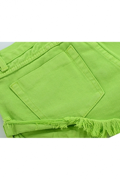 Fashion Womens Green Rolled Cuff Fringe Hem Multi Pocket Sexy Beach Denim Shorts