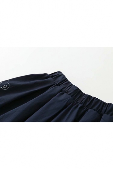 Girls Basic Elastic Waist Cute Bear Print Midi A-line Skirt