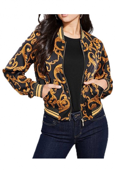 Gold Vine-Print Stand Up Collar Ribbed Cuffs Zipper Cropped Black Casual Jacket with Pocket