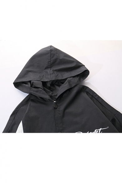 Guys New Stylish Letter I REALLY DON'T CARE DO U Print Long Sleeve Longline Hooded Black Trench Jacket