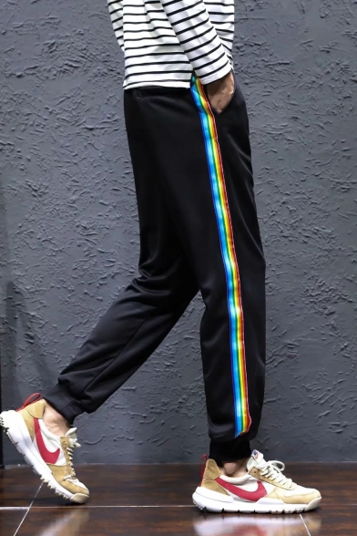 Guys Trendy Colored Stripe Side Letter Pattern Black Casual Relaxed Jogging Sweatpants