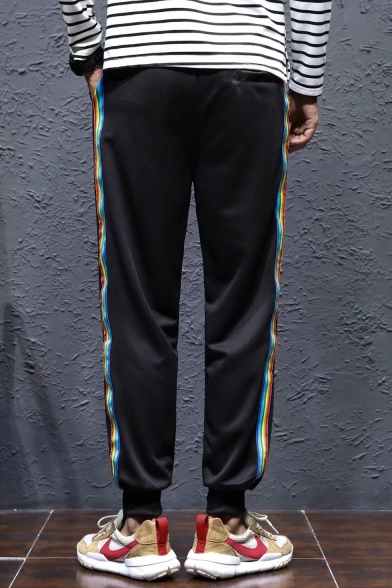Guys Trendy Colored Stripe Side Letter Pattern Black Casual Relaxed Jogging Sweatpants