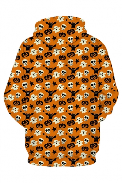 Halloween New Fashion Cute Pumpkin Skull All-Over Printed Long Sleeve Loose Fit Unisex Orange Hoodie