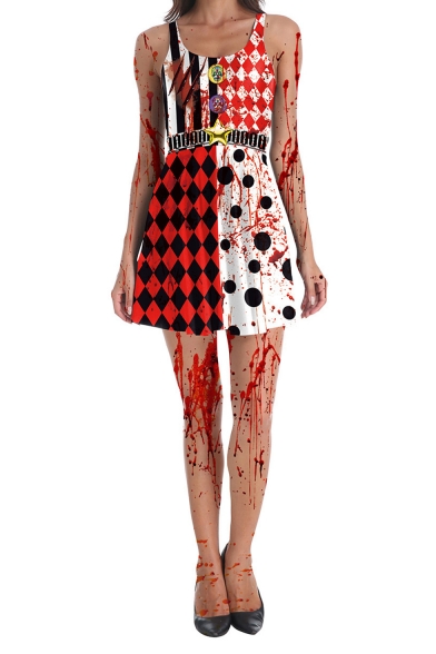 Halloween New Stylish Blood Check Printed Scoop Neck Sleeveless Maid Cosplay Costume Mini Tank Dress