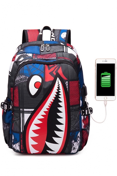 Hot Fashion Cartoon Shark Printed Waterproof Creative USB Charging Canvas School Bag Backpack 32*13*43cm