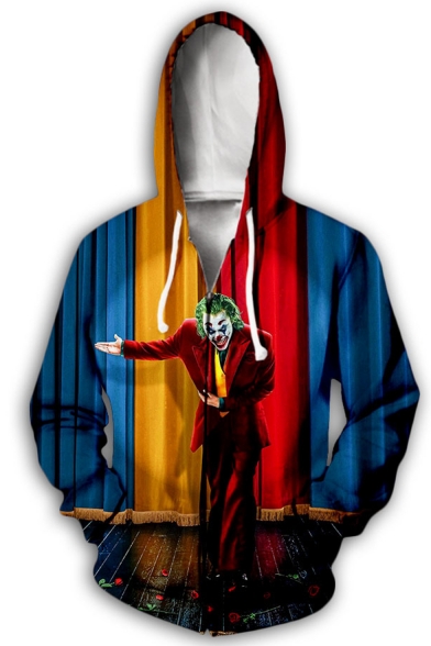 Hot Fashion Color Block Clown 3D Printed Long Sleeve Casual Zip Up Hoodie