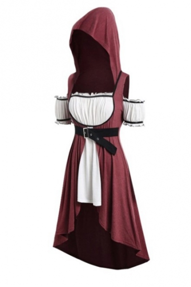 Hot Fashion Fake Two-Piece Cold Shoulder Short Sleeve Belted Waist Midi A-Line Hooded Dress