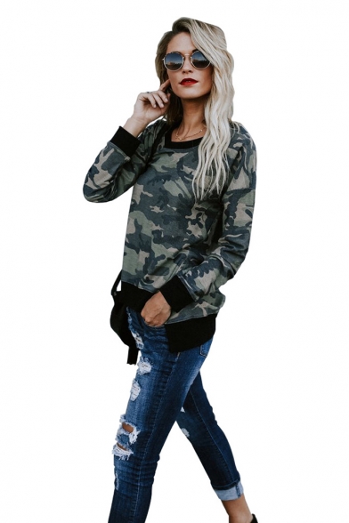 Hot Fashion Round Neck Long Sleeve Color Block Camouflage Printed Pullover Sweatshirt