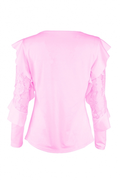 Hot Fashion Style Long Sleeve Round Neck Simple Plain Lace Patched Fitted T-Shirt