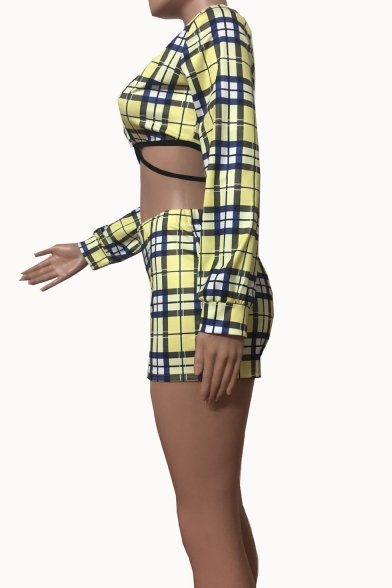 Hot Fashion Yellow Check Printed Deep V-Neck Long Sleeve Crop Top with Fitted Shorts Co-ords