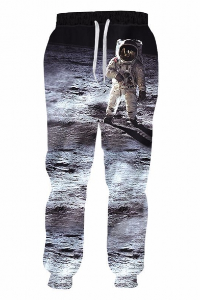 Hot Popular Astronaut 3D Printed Drawstring Waist Dark Grey Loose Fit Trendy Sports Sweatpants