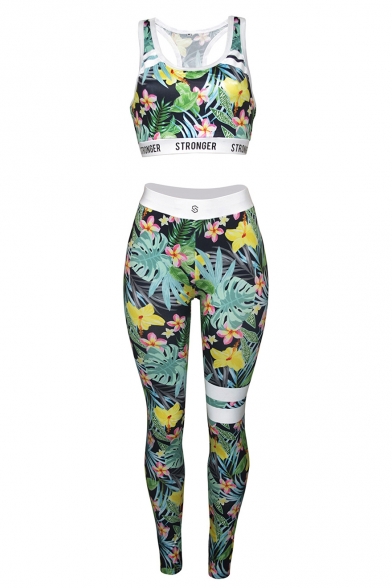 Hot Popular Floral Plant Printed Sleeveless Scoop Neck Vest Tops Mid Waist Workout Pants Two Piece Set