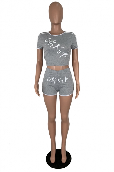 Causal Letters Print Athletic Style Short Sleeve Round Neck Crop Tee with Dolphins Shorts Two Piece Set