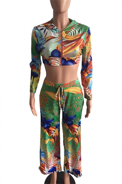 Floral Plant Print Hooded Long Sleeve Crop Tops High Waist Slim Fit Pants Two Piece Set