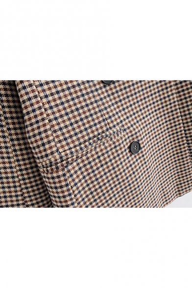 Khaki Plaid Double-Breasted Regular Fit Pockets Front Blazer Coat
