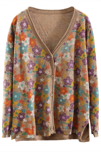 Ladies Casual Floral Print V-Neck Long Sleeve Fitted Cardigan