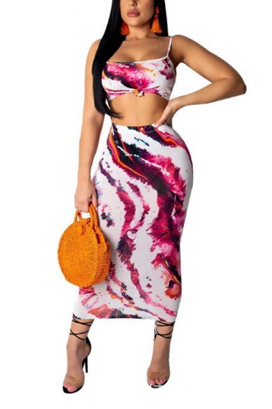 Ladies Sexy Tie-dyed Color Print Sleeveless Strap Cami with Maxi Pencil Skirts Co-ords