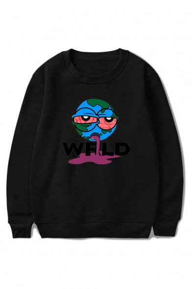 Letter WRLD Cartoon Printed Round Neck Long Sleeve Casual Sports Pullover Sweatshirts