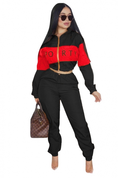 Long Sleeve Colorblock Patch Letter Printed Coat with Drawstring Waist Pants Loose Co-ords