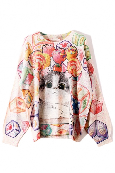 Lovely Candy Kitty Print Round Neck Bloomer Sleeve Boxy Sweater for Women