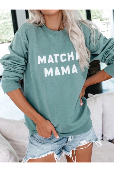 MATCHA MAMA Letter Round Neck Long Sleeve Green Relaxed Sweatshirt