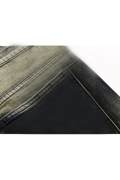 Men's Designer Fashion Cool Distressed Ripped Stretched Slim Fit Dark Green Acid Wash Jeans