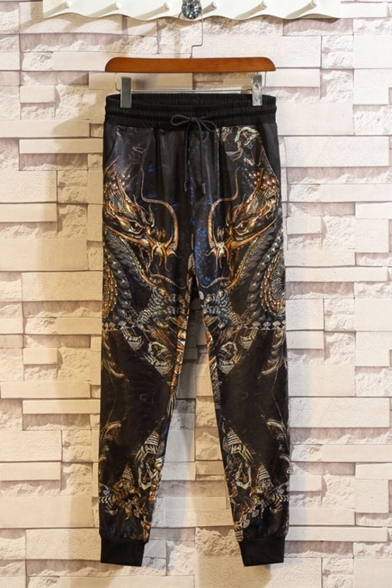 Men's Hot Fashion Cool Dragon Printed Drawstring Waist Black Ice Silk Fabric Relaxed Pants