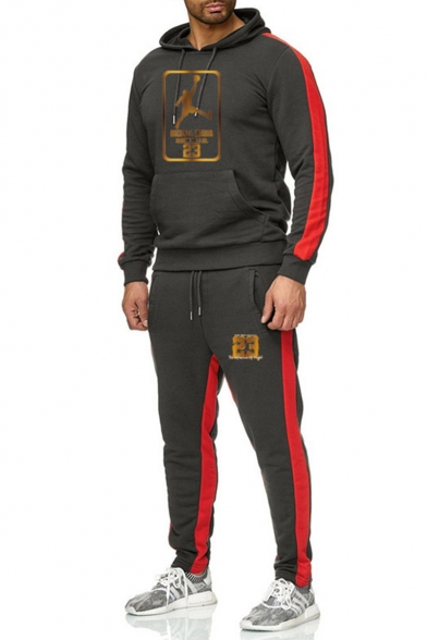 Men's New Fashion Colorblock Patched Side Letter 23 Figure Printed Long Sleeve Hoodie Sports Sweatpants Casual Two-Piece Set