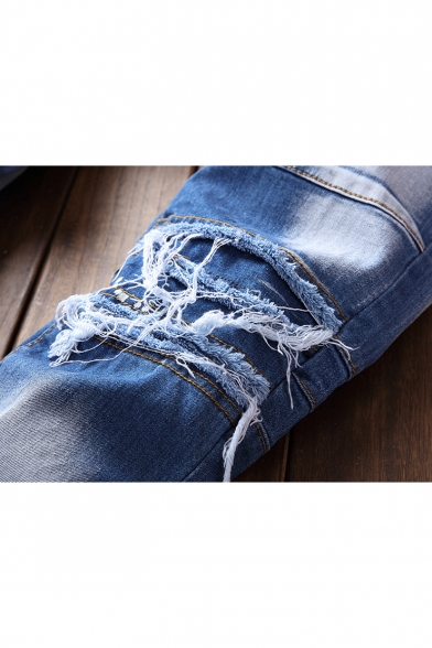 Men's New Fashion Cool Knee Patched Blue Frayed Ripped Biker Jeans