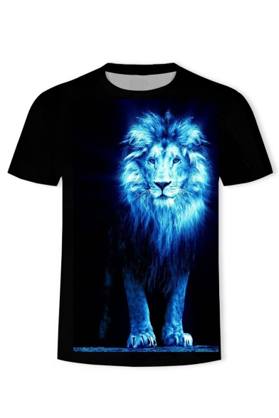 Men's New Stylish Lion Print Round Neck Short Sleeve T-Shirt in Black