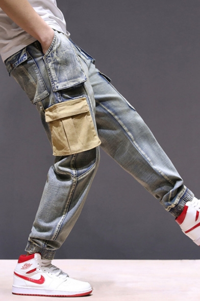 Men's Popular Fashion Colorblock Multi-pocket Design Yellow Trendy Loose Jeans