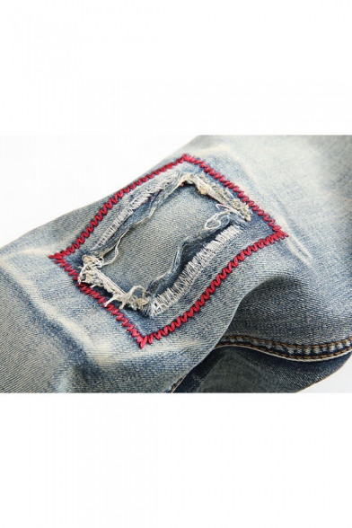 Men's Popular Fashion Contrast Embroidery Patch Slim Fit Vintage Ripped Jeans