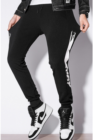 Men's Popular Fashion Contrast Painting Letter Printed Drawstring Waist Black Casual Sports Track Pants
