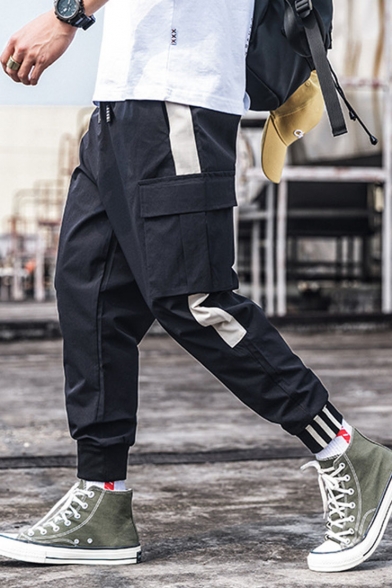 Men's Street Trendy Contrast Stripe Side Flap Pocket Drawstring Waist Casual Loose Cargo Pants