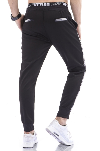 Men's Trendy Popular Camouflage Patched Side Black Drawstring Waist Casual Sweatpants