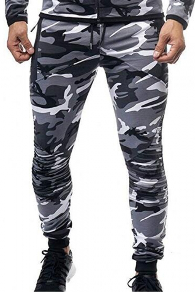 Mens New Fashion Cool Camouflage Printed Knee Pleated Patched Slim Fitted Casual Sports Pencil Pants