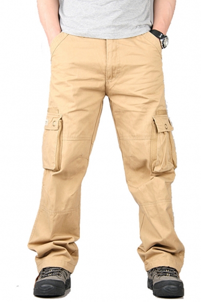 Mens New Fashion Solid Color Flap Pocket Side Oversized Straight Cargo Pants
