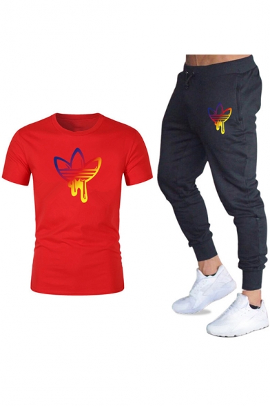 Mens Summer Unique Clover Logo Printed Short Sleeve T-Shirt with Sport Sweatpants Two-Piece Set