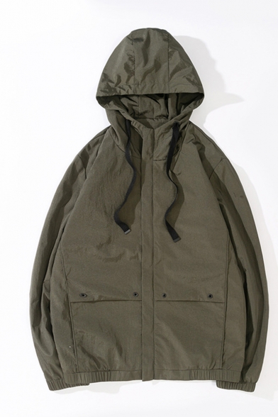 Mens Vintage Simple Plain Long Sleeve Zip Up Drawstring Hooded Casual Loose Trench Jacket