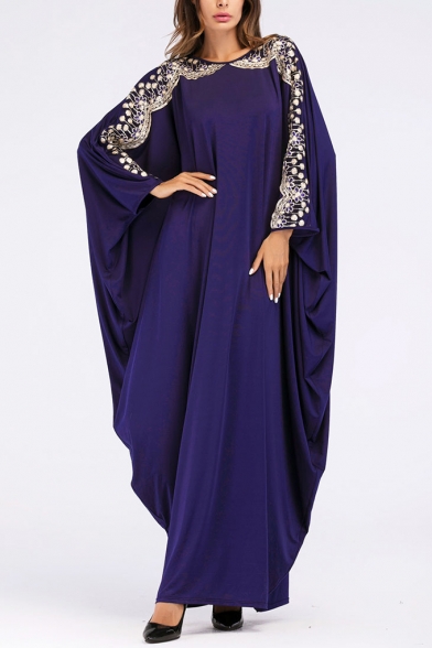 Moslem New Stylish Round Neck Batwing Sleeve White Appliques Loose Shift Maxi Dress