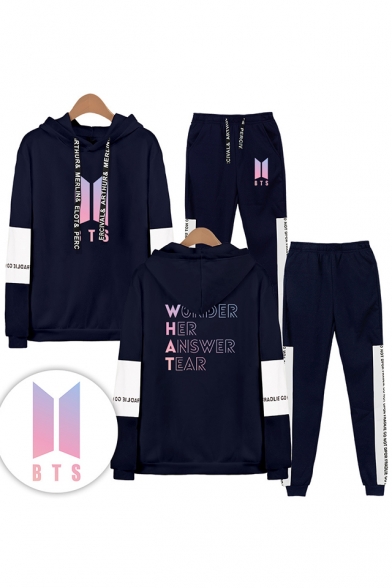 New Arrival Letters WONDER HER ANSWER TEAR Print Long Sleeve Hoodie with Elastic Sweatpants Two Piece Set