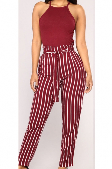 New Arrival Vertical Striped Tie Waist Jumpsuits for Lady